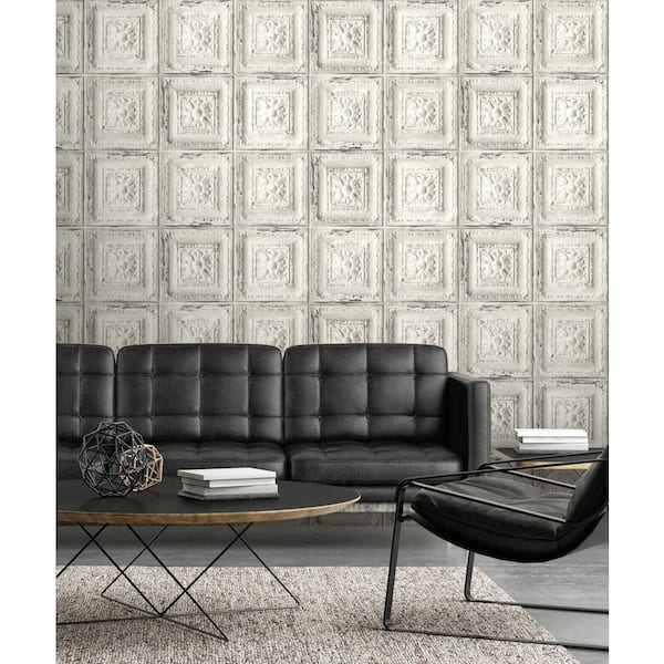 Distressed Tin Tile Off-White Geometric Vinyl Peel & Stick Wallpaper Roll (Covers 30.75 Sq. Ft.)