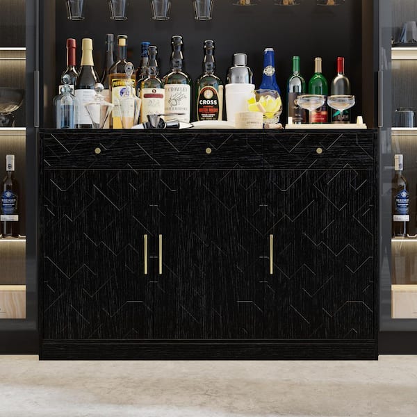 FUFU&GAGA Black Wood 47.2 in. W Sideboard Buffet Cabinet with 3-Drawers, Adjustable Shelves and Gold Handles, Geometric Design