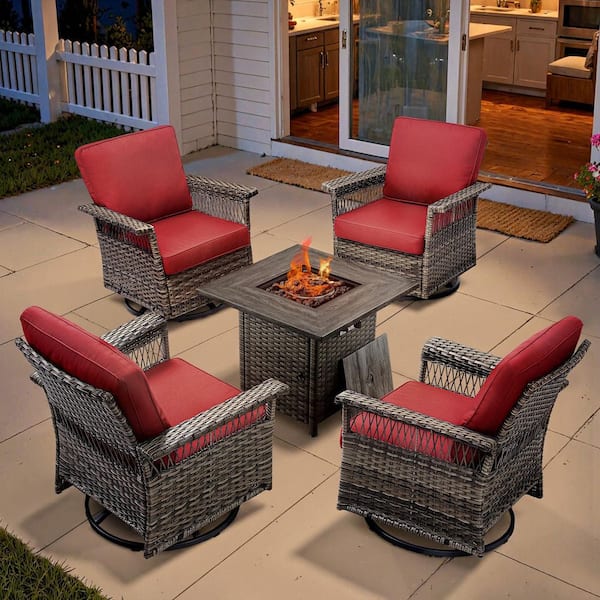 GliderNet Gray 5-Piece Wicker Patio Fire Pit Set, 4-Person Seating Set with Olefin Red Cushions and Swivel Rockers