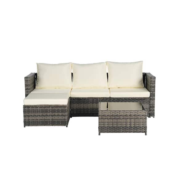2-Piece Wicker Patio L-Shaped Sectional Tempered Glass Table and Beige Cushions