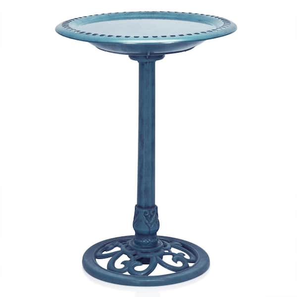 Alpine Corporation Blue Pedestal Birdbath with Scrollwork Base and Ground Stakes