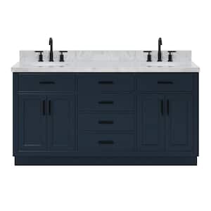 Hepburn 67 in. W x 22 in. D x 36 in. H Double Freestanding Bath Vanity in Midnight Blue with Carrara White Marble Top