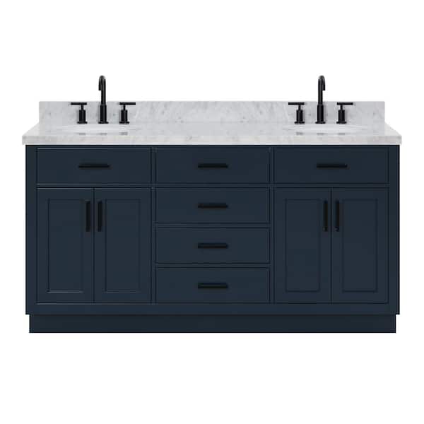 Hepburn 66 in. W x 22 in. D x 36 in. H Double Freestanding Bath Vanity in Midnight Blue with Carrara White Marble Top