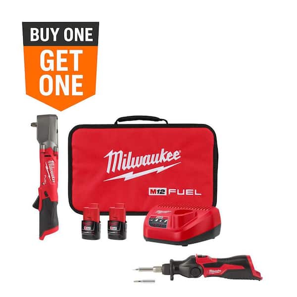 Milwaukee M12 FUEL 12V Lithium-Ion Brushless Cordless 3/8 in Right Angle Impact Wrench Kit w Two 2.0 Ah Batteries & Soldering Iron