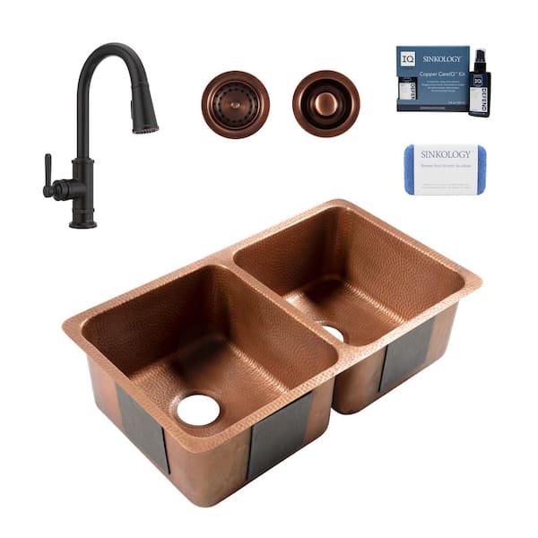 SINKOLOGY Rivera 32.25 in. Undermount Double Bowl 16-Gauge Antique Copper Kitchen Sink with Port Haven Bronze Faucet Kit