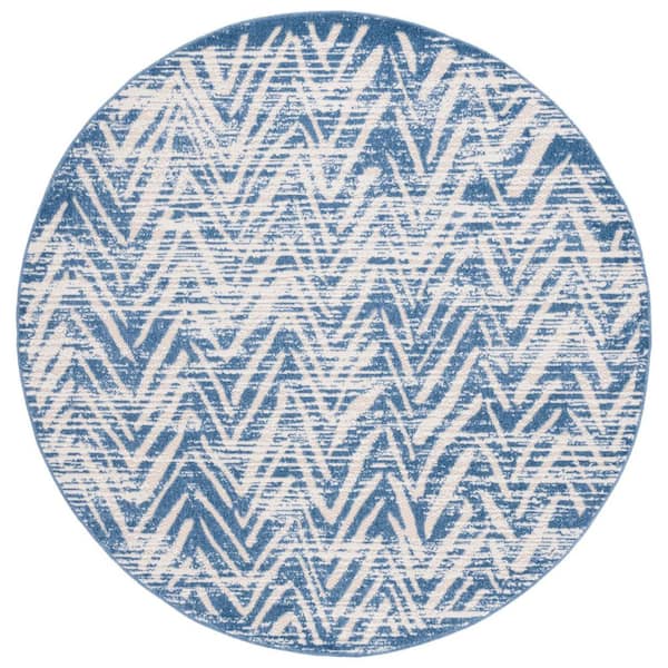 Cottage Blue 7 ft. x 7 ft. Distressed Chevron Indoor/Outdoor Round Area Rug