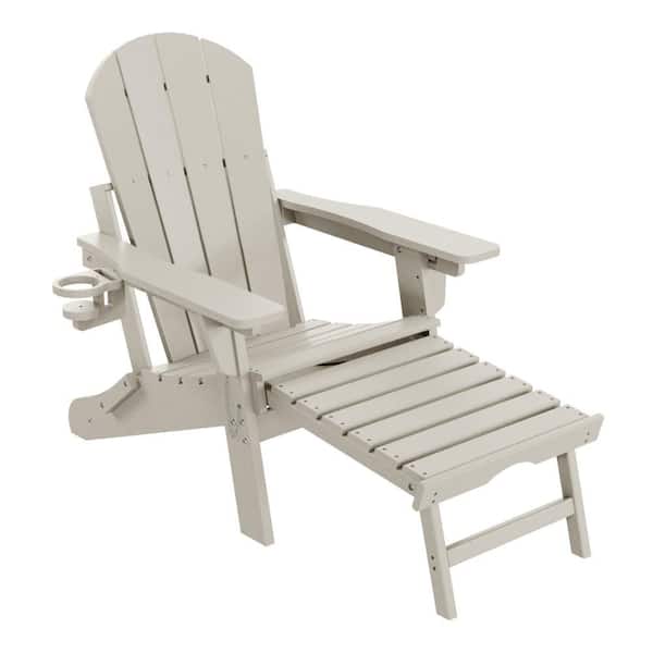 Laguna Sand Outdoor Folding Adjustable Plastic Adirondack Chair w/ Cup Holder & Hideaway Ottoman Set of 1