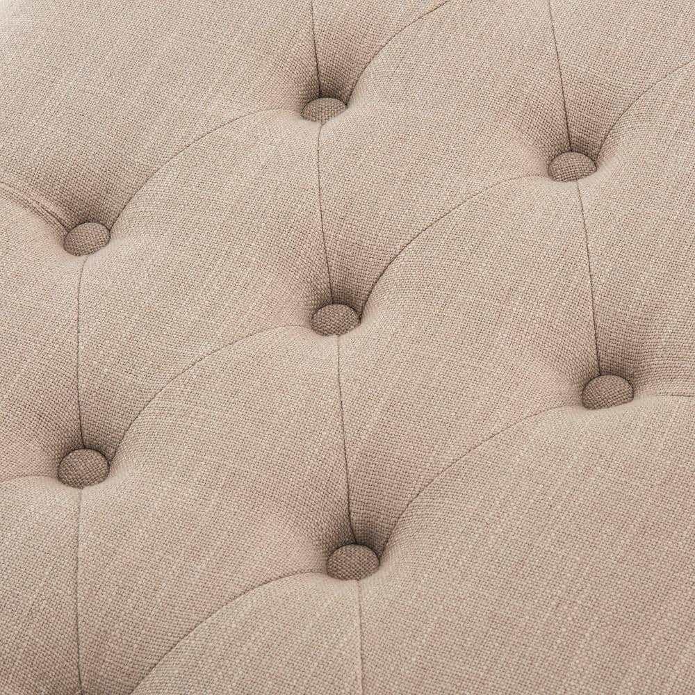 Taupe Linen-Poly Blend Bench with Turned Oak Legs
