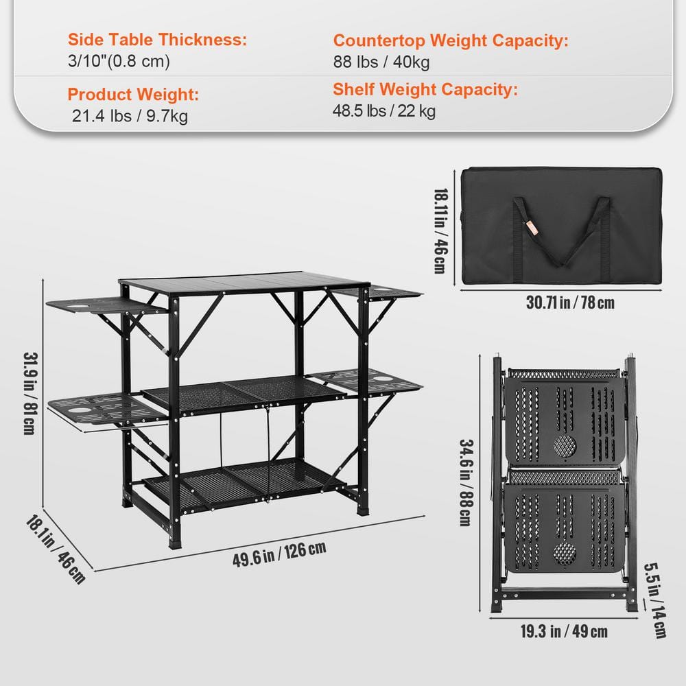 Black Aluminum Folding Camping Kitchen Table with Shelves and Carry Bag