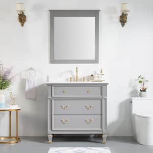36 in. W x 22 in. D x 35 in. H Single Sink Solid Wood Bath Vanity in Grey with Stain-Resistant Quartz Top and Mirror
