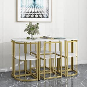 Modern 7-Piece 55 in. Dining Table Set Iron Framed Table with Wood Top and 6 Chairs, Golden and White