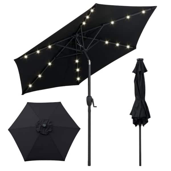 7.5 ft. Solar LED Lighted Patio Umbrella in Black with Tilt, Crank Lift and Fade-Resistant Canopy
