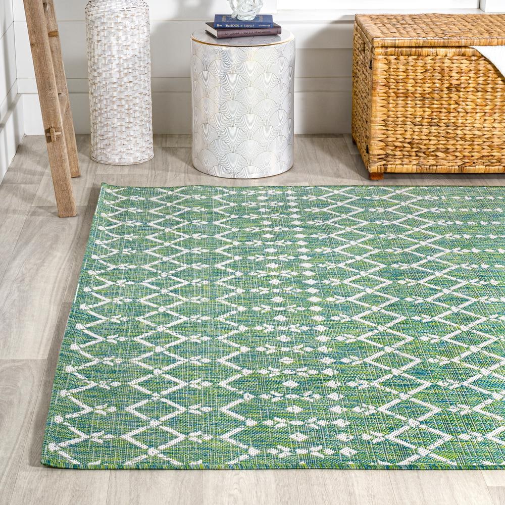 Boho-Chic Cream/Green Moroccan-Inspired Indoor/Outdoor Area Rug