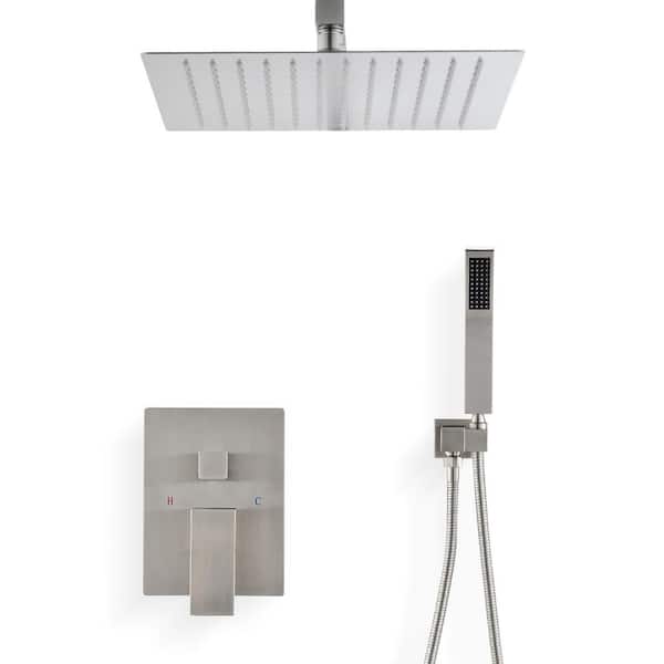 Utopia 4niture Fei Single-Handle 2-Spray 12 in. Square Wall Mount High Pressure Shower Faucet in Brushed Nickel (Valve Included)