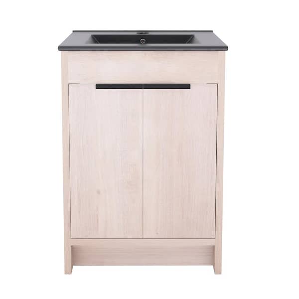 JimsMaison 24 in. W x 18 in. D x 34 in. H Freestanding Bath Vanity in Plain Light Oak with Black Ceramic Top