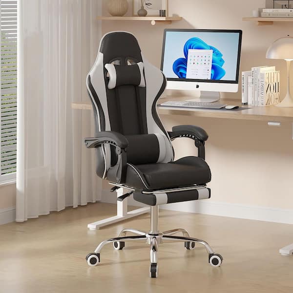 VECELO Reclining Gaming Chair Faux Leather Adjustable Height Ergonomic Gaming Chair in Black with Footrest, Lumbar Support