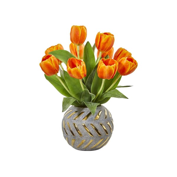 Nearly Natural 15 in. Tulip Artificial Arrangement in Decorative Vase