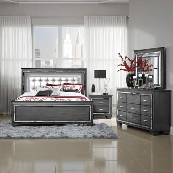 Benjara Alen 4-Piece Gray and Silver Queen Wood Bedroom Set