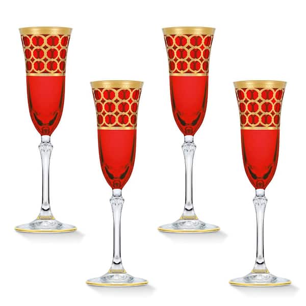 Lorren Home Trends 5 oz. Red Color with Gold Champagne Flute Stem Set (Set of 4)
