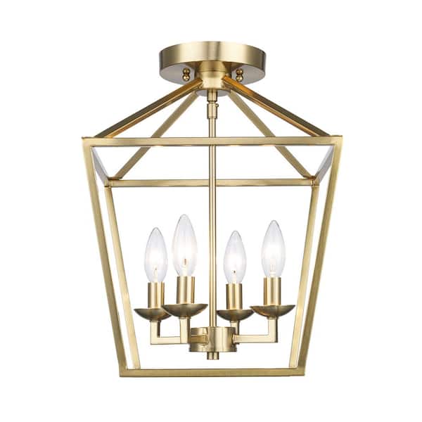 Weyburn 16.5 in. 4-Light Gold Farmhouse Semi-Flush Mount Ceiling Light Fixture with Caged Metal Shade