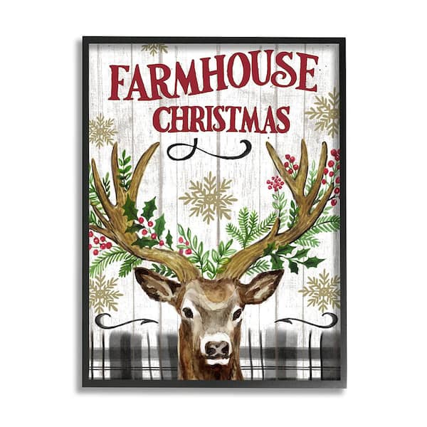 Farmhouse Christmas With Plaid 1 Piece Framed Graphic Print Animal Poster Art Print 20 in. x 16 in.