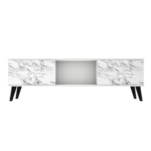 Saratoga 62 in. White and Marble Stamp Particle Board TV Stand Fits TVs Up to 60 in. with Storage Doors