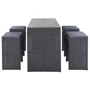Gray 5-Piece PE Wicker Outdoor Bistro Set with Gray Cushions Patio Furniture Set Bar Dining Table Set with 4 Stools