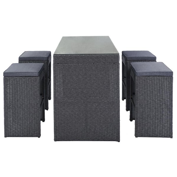 BTMWAY Gray 5-Piece PE Wicker Outdoor Bistro Set with Gray Cushions Patio Furniture Set Bar Dining Table Set with 4 Stools
