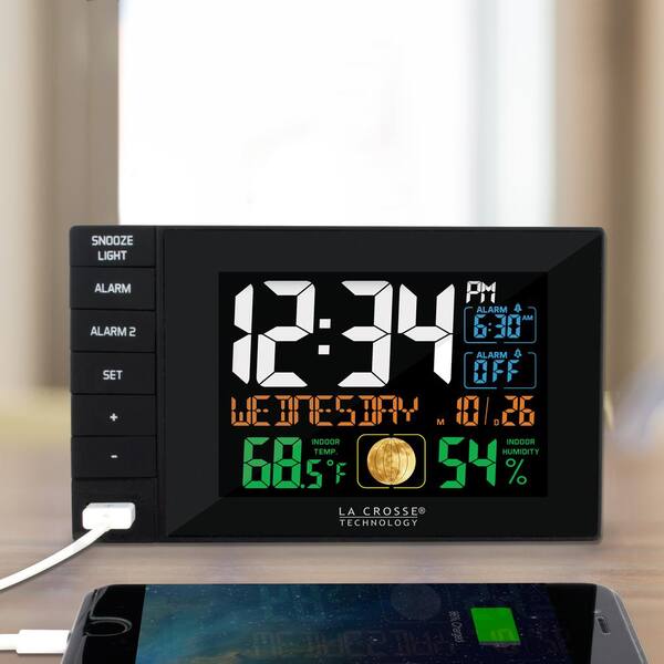 La Crosse Technology Multi-Color 6 in. x 4 in. Dual Alarm Clock with USB Charge Port, Black