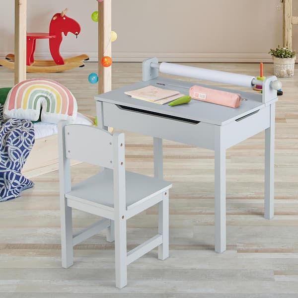 Costway 3-Piece Kids Wood Top Art Table and Chairs Set Drawing