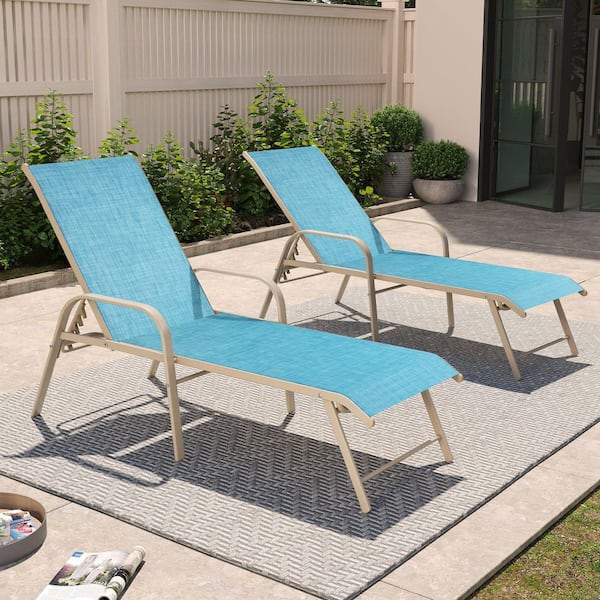 2-Piece Metal Outdoor Chaise Lounge Textilene Seat and Adjustable Backrest Aluminum Patio Lounger with Armrests in Blue