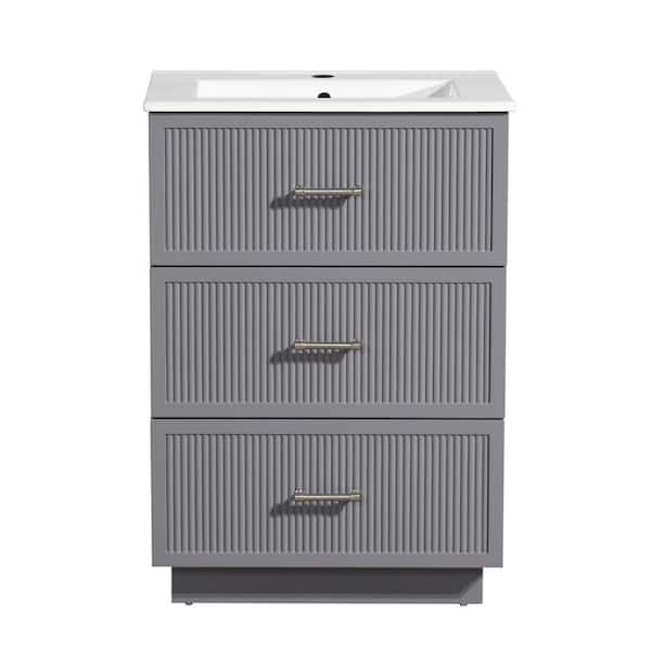 EPOWP 24 in. W x 18.25 in. D x 34.13 in. H Single Sink Freestanding Bath Vanity in Gray with White Ceramic Top and Storage
