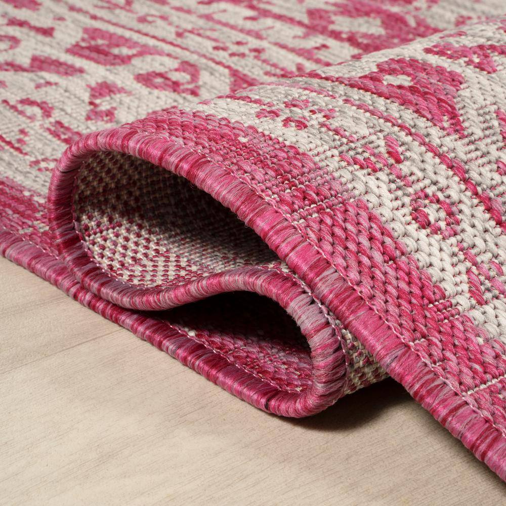 Fuchsia and Light Gray Medallion Square Outdoor Rug - 5' Synthetic