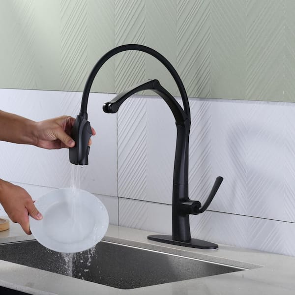 Magnetic 21 in. H Single Handle Pull Out Sprayer Kitchen Faucet With Adjustable Arm, 360° Spout Swivel in Matte Black