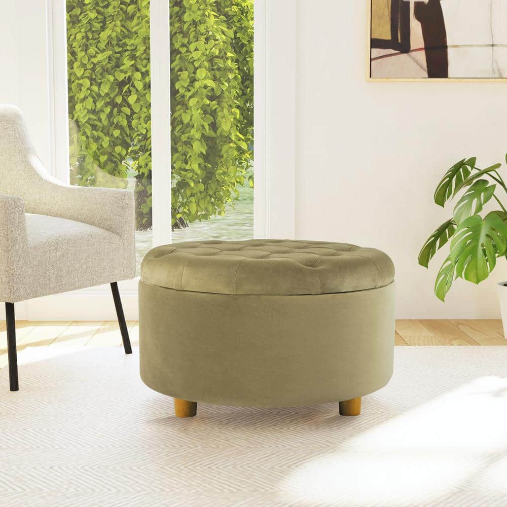 Sage Green Velvet Tufted Round Storage Ottoman