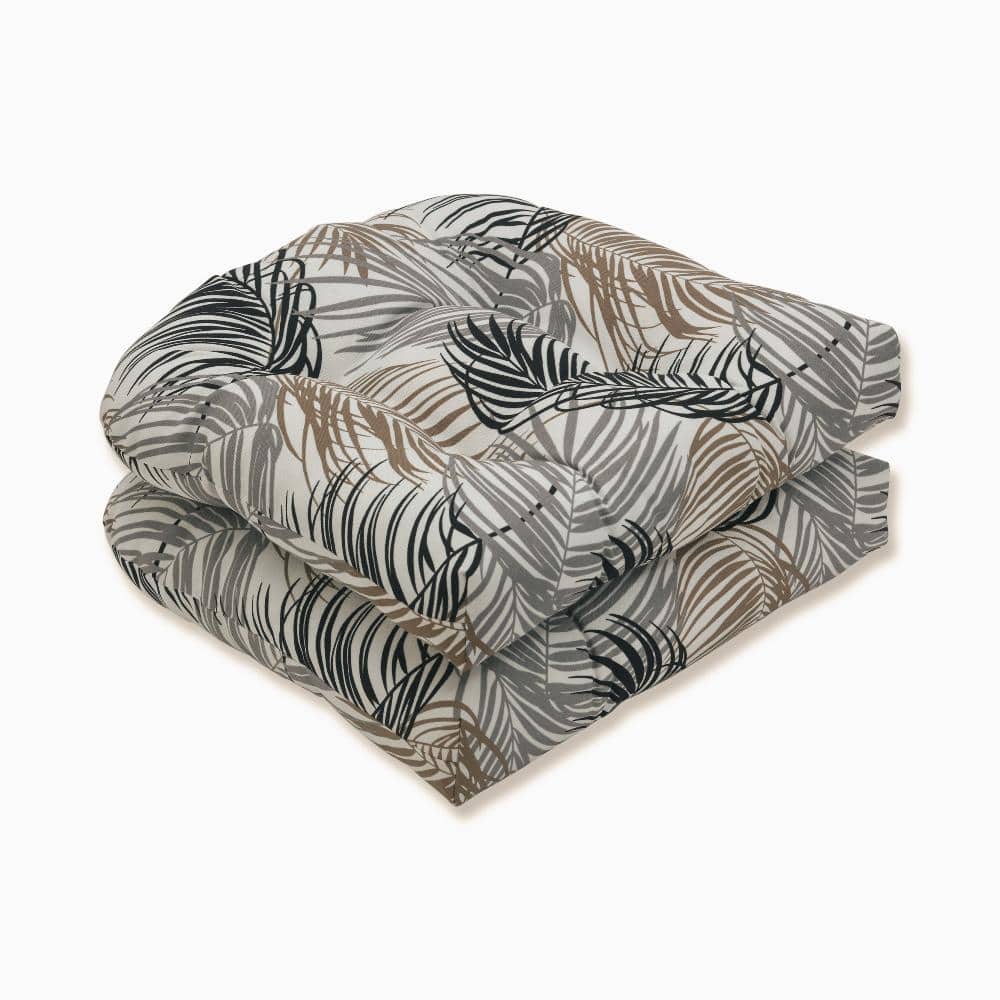 Set of 2 Black and Gray Palm Leaf Tufted Seat Cushions