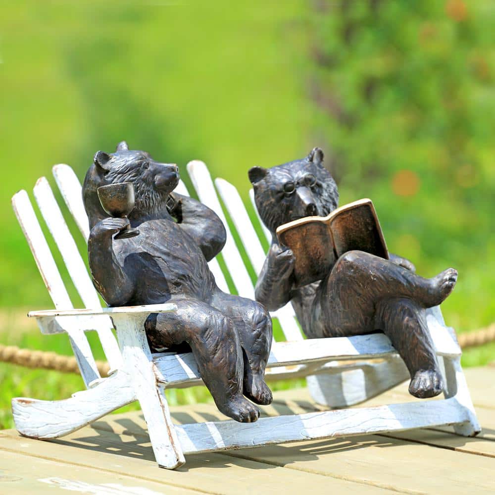 Whimsical Hipster Bears on White Bench Garden Sculpture