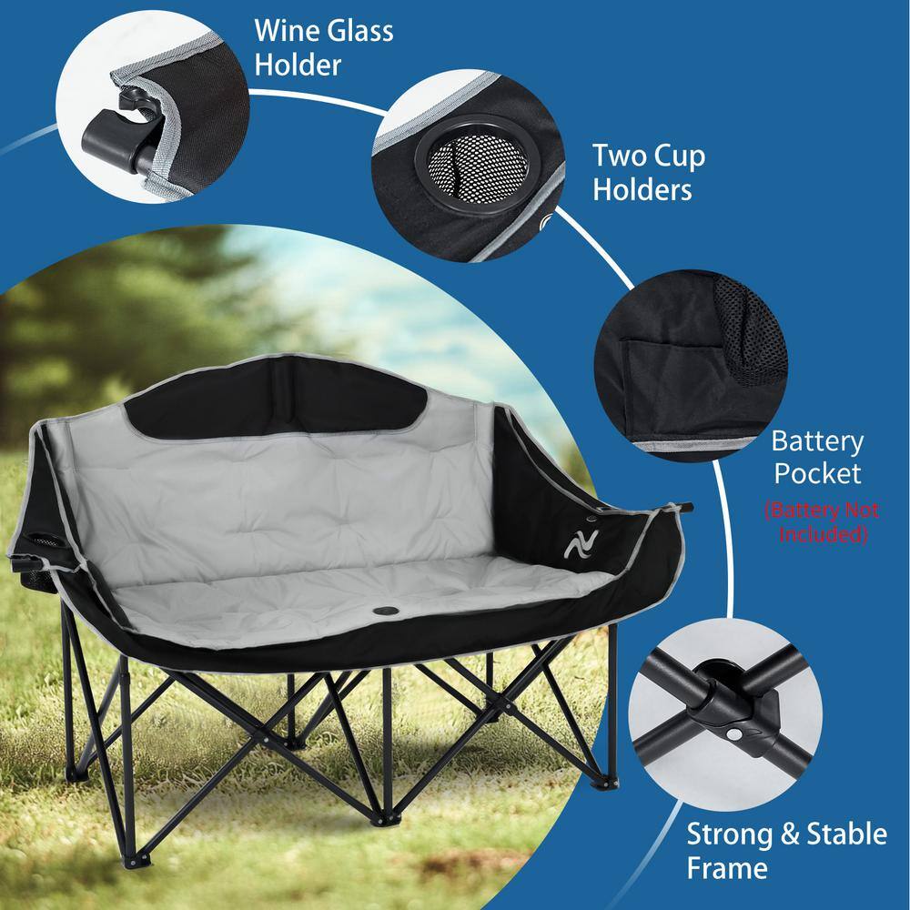 XXXL Heated Double Black Gray Steel Camping Chair with Cushions