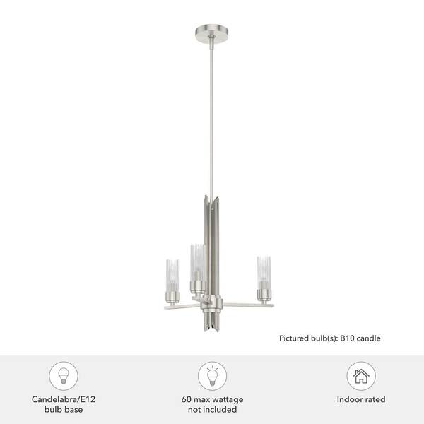 Hunter Gatz 3-Light Brushed Nickel Candlestick Chandelier with Ribbed Glass Shades