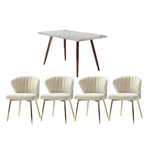 Olinto Tan 5-Piece Dining Set with Marble Desk