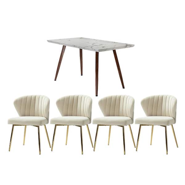 JAYDEN CREATION Olinto Tan 5-Piece Dining Set with Marble Desk