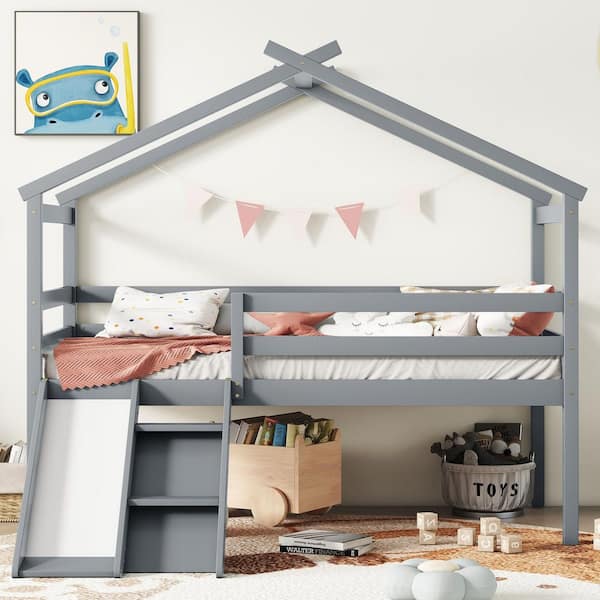 Vita Grey Wood Frame Twin Size Low Loft Bed, Kids Bed with House Roof, Slide, Sloping Ladder, Guardrails
