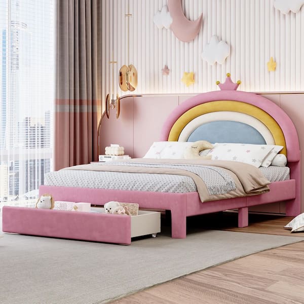 Pink Wood Frame Full Size Platform Bed with Storage Drawer