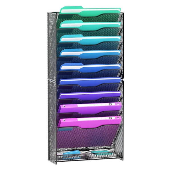 12-Tier Wall Magazine Rack-Black Metal Mesh, Wall-Mounted Document