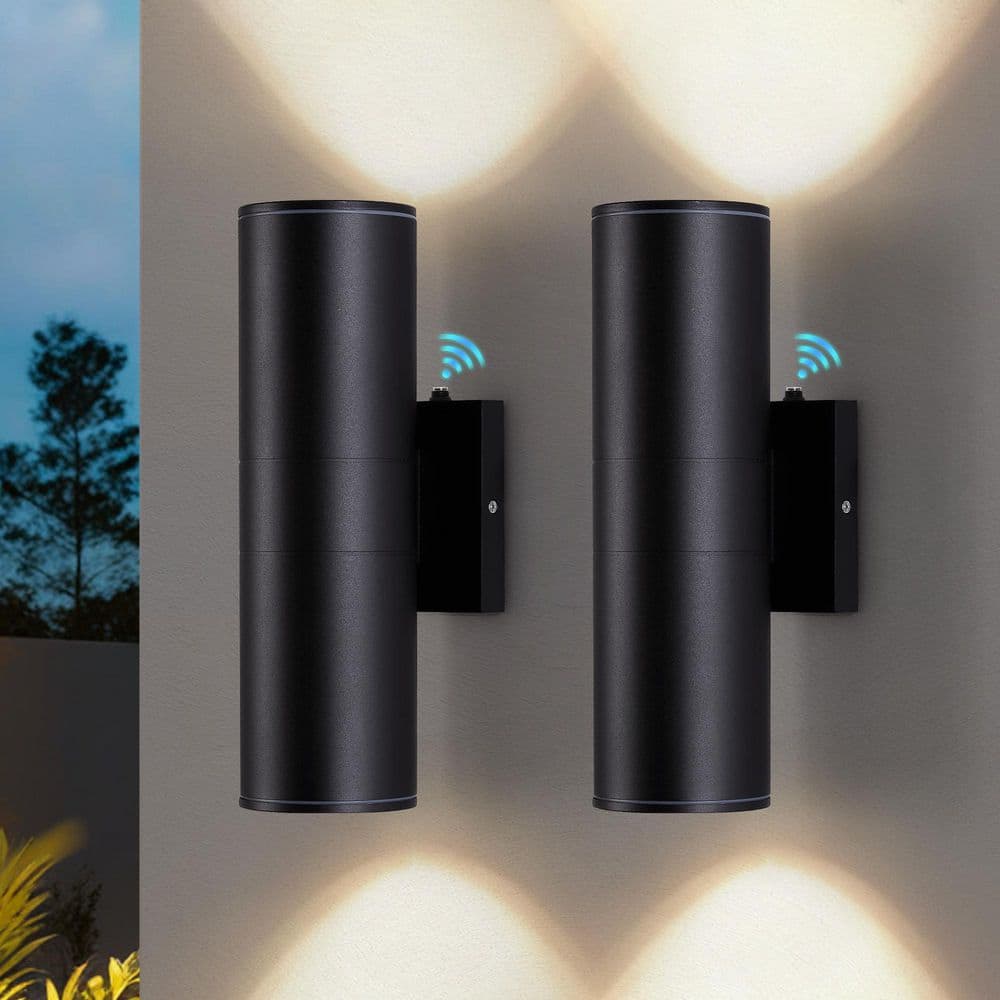12 in. Black Aluminum Modern Outdoor Up and Down Cylinder LED Wall Sconce with Dusk to Dawn (2-Pack) price history on PriceWatchPro