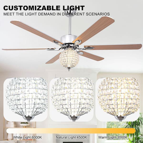 Arthur 65 in. Chrome Glam Crystal Luxury Indoor Ceiling Fan with LED Light and Remote, Reversible Down Rod Ceiling Fan