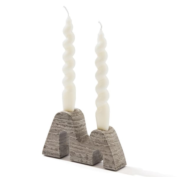 Gray Wood-Grain M-Shaped Marble Candlestick Holders-Double Hole for 0.8" Taper Candles,