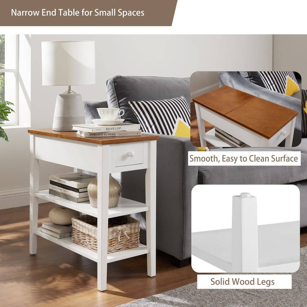 Narrow White and Brown Wood End Table with USB Ports