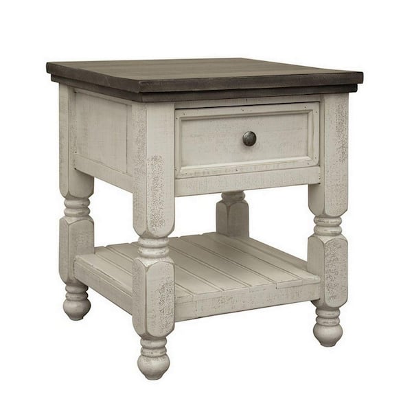 Benjara 22.75 in. Ivory and Gray Square Wood End Table with 1-Drawer and Shelf
