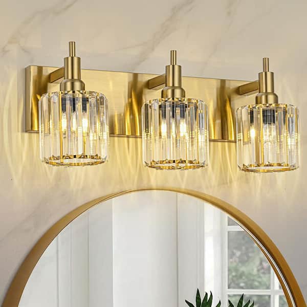 Orillia 19.7 in. 3-Light Modern Gold Bathroom Vanity Light with Round Crystal Shades